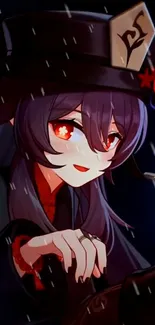 Anime character with red eyes in dark theme and vivid colors.