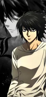 Anime character with black hair and dramatic background.