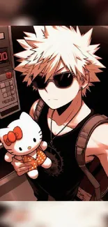 Anime character with plushie in elevator.