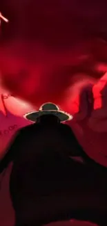 Anime character facing giant in crimson battle scene.