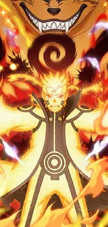 Anime character with fiery orange aura and powerful expression in a dynamic scene.