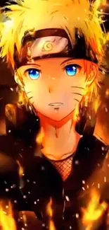 Anime character surrounded by fiery flames.