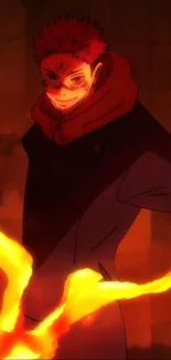 Anime character surrounded by fiery flames in a dramatic wallpaper scene.