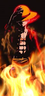 Anime character in flames with a yellow hat against a dark backdrop.