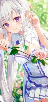 Anime character in a floral setting with vibrant colors.