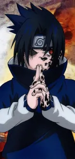 Anime character with dark blue attire and intricate background.