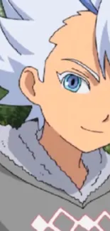 Anime character with silver hair in a forest setting.