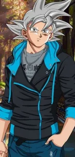 Anime character in forest with black jacket and spiky hair.