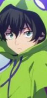 Anime character in green hoodie with purple accents.