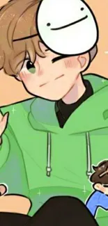 Anime character in a green hoodie with playful expression.