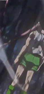 Anime character standing with green shorts and dark swirling background.