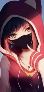 Anime character in a red hoodie with a mask against a blue background.