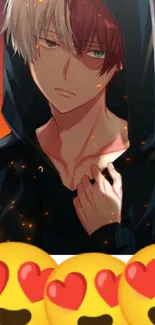 Anime character in a hoodie with a fiery orange background.