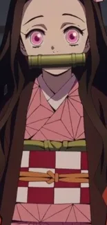 Anime character in brown and pink kimono with a vibrant design.