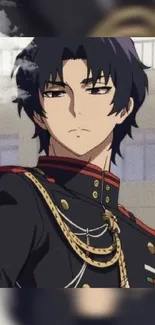 Anime character in a black military uniform with red accents.