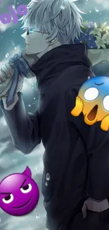 Anime character holding bouquet with emojis on cloudy background.