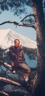 Anime character in tree with snow-capped mountain.