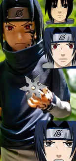 Anime character with green leafy background, looking intense.