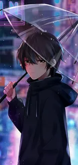 Anime character under umbrella in neon rain.