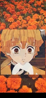 Anime character with orange flower background.