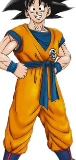 Anime character wearing an orange gi with a blue belt in a dynamic pose.