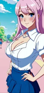 Anime character with pink hair standing in a park under a clear blue sky.