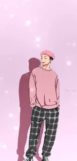 Anime character with pink hair in light pink background.