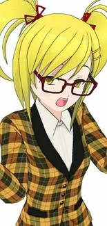 Anime character with yellow hair, glasses, and plaid jacket.