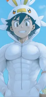 Anime character in a fun, white hoodie with a bright sky background.