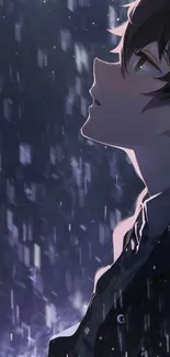 Anime character looks up in rain, dark hues.