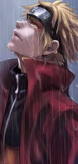 Anime character stands in the rain, reflecting with vibrant hues.