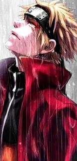 Anime character in vibrant red rain scene wallpaper.