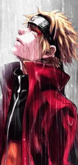 Anime character in red jacket under rain.