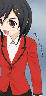 Anime character in red blazer with blue background.