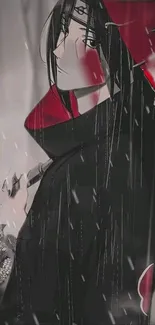 Anime character with red cloak in rain.