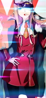 Anime character in a red coat with vibrant hues in the background.