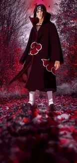 Anime character standing in a vibrant red forest.