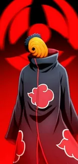 Anime character with a swirling mask against a red background.