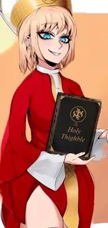 Anime character in red robe holding a book against a warm background.