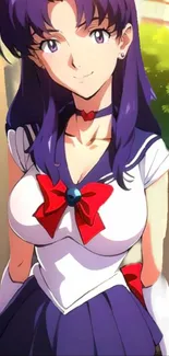 Anime character with purple hair and sailor outfit featuring red bows.