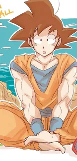 Anime character sits in cartoon landscape with orange attire.