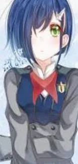 Anime character with blue hair in school uniform.