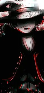 Mysterious anime figure in shadowy art with red highlights.