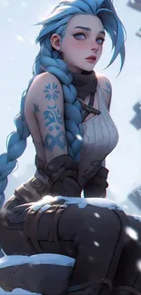 Anime character with blue braided hair sitting in a snowy scene.