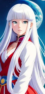 Anime character with white hair set against a cosmic blue background.