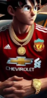 Anime character in red sports jersey with gold chains.