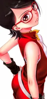 Anime character with red outfit and glasses on white background.