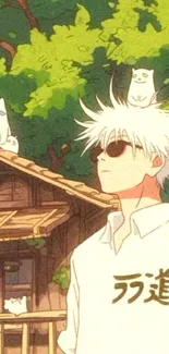 Anime character wearing sunglasses with cats on the roof.