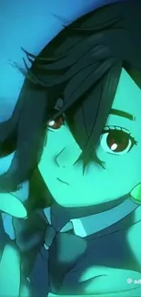Anime character artwork in teal hues with expressive style.