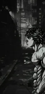 Muscular anime character in dark urban setting with city lights.